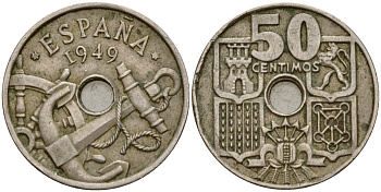 Испания 50 сентимо 1949 (19) Франсиско Франко (1939-1975), морская атрибутика KM 777 медно-никель 4177-514