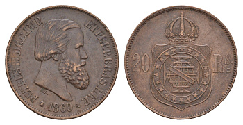 Бразилия 20 реалов (рейсов) 1869 Брюссель, Педро II (1831-1889) KM 474 бронза 1519-1325