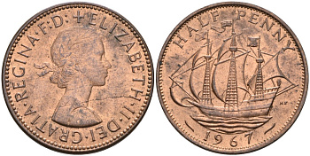 Великобритания 1/2 пенни 1967 Елизавета II (1952-2022) KM 896, Spink 4158 бронза 4561-946