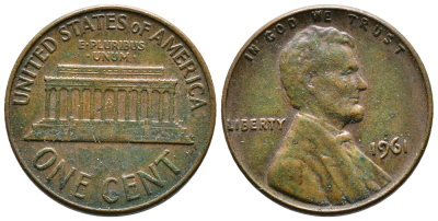 США 1 цент 1961 Авраам Линкольн KM 201 медь цинк 83-1247