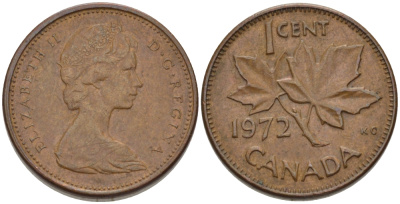 Канада 1 цент 1972 Елизавета II (1952-2022), кленовый лист KM 59.1 бронза 3334-1232