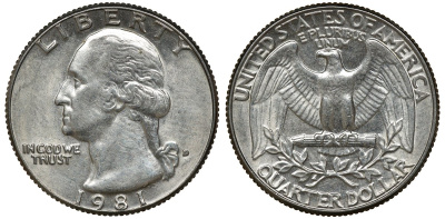 США 25 центов (квотер) 1981 D, Джордж Вашингтон KM 164a медь плакированная медно-никелем 72-945