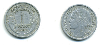 ФРАНЦИЯ 1 ФРАНК 1959 ТИП MORLON, LEGERE KM 885a.1, LE FRANC 221.23 алюминий 84-526