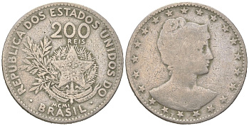 Бразилия 200 реалов 1901 MCMI, голова свободы вправо KM 504 медно-никель 4612-153