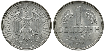 ФРГ 1 МАРКА 1975 F KM 110, J. 385 медно-никель aUNC 72-844