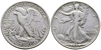 США 1/2 доллара (50 центов) 1939 шагающая свобода KM 142 серебро 87-1344