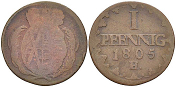 САКСОНИЯ 1 ПФЕННИГ 1805 Н, ФРИДРИХ АВГУСТ III (1763-1806) KM 1000 (С91) медь 206-358
