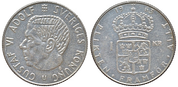 Швеция 1 крона 1963 U, Густав VI Адольф (1950-1973) KM 826 серебро 4178-752