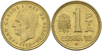 Испания 1 песета 1980 (82) чемпионат мира по футболу 1982 года в Испании, Хуан Карлос I (1975 - 2014) KM 816 алюминиевая бронза 4604-457