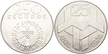 Португалия 250 эскудо 1976 Революция гвоздик 25 апреля 1974 года KM 604 серебро UNC 4558-332