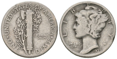 США 10 центов (дайм) 1939 KM 140 серебро 3334-1234