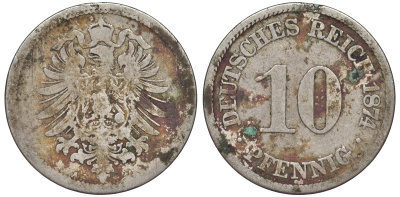 ГЕРМАНИЯ 10 ПФЕННИГОВ 1874 A, СТАРОГЕРБОВКА, KM 4, J. 4 медно-никель 45-1222