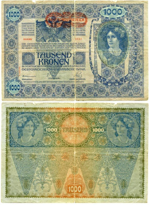 АВСТРИЯ 1000 КРОН 1919 КРАСНАЯ ГОРИЗОНТАЛЬНАЯ НАДПЕЧАТКА НА 1902 Pick 60 бумага 7146-43-2-1