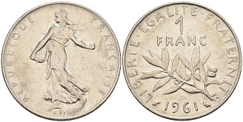 Франция 1 франк 1961 сеятель, тип Semeuse KM 925, Le Franc 226.6 никель 4592-1056