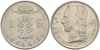 БЕЛЬГИЯ 1 ФРАНК 1972 BELGIE, БОДУЭН I (1951-1993) KM 143.1 медно-никель 119-624