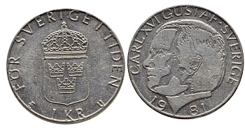 Швеция 1 крона 1981 Карл XVI Густав (1973- ) KM 852 медь плакированная медно-никелем 4397-1025