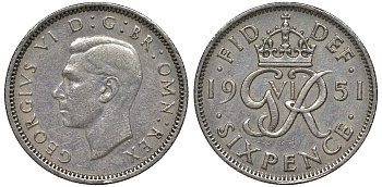 Великобритания 6 пенсов 1951 Георг VI (1936-1952) KM 875, Spink 4110 медно-никель 4122-611