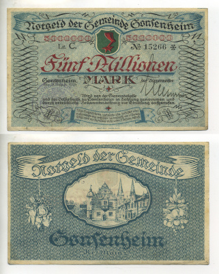 Германия, Майнц 5000000 марок 1923 нотгельд, 17 августа 1923   бумага 434-21-3-2