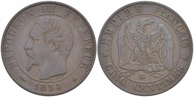 Франция 5 сантимов 1854 BB, Наполеон III (1852-1870) KM 777.3, LE FRANC 116.10 бронза 108-246