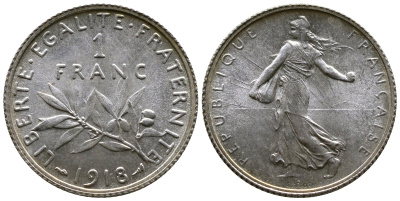 Франция 1 франк 1918 сеятель KM 844.1, Le Franc 217.24 серебро UNC 259-724