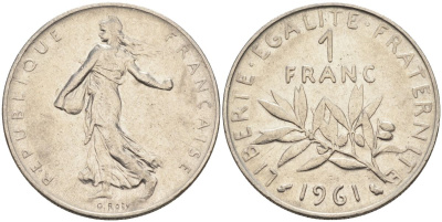 Франция 1 франк 1961 сеятель, тип Semeuse KM 925, Le Franc 226.6 никель 4592-1056