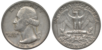 США 25 центов (квотер) 1967 Вашингтон KM 164а медь плакированная медно-никелем 4128-626