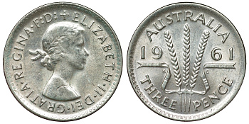 Австралия 3 пенса 1961 m, Елизавета II (1952-2022) KM 57 серебро 71-723