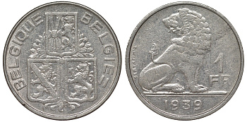Бельгия 1 франк 1939 Леопольд III (1934-1950), Belgique-Belgie, лев KM 119 никель 4163-212