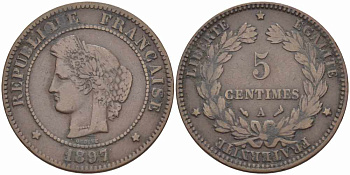 ФРАНЦИЯ 5 САНТИМОВ 1897 А, ТРЕТЬЯ РЕСПУБЛИКА (1871-1940) KM 821.1, LE FRANC 118.41 бронза 108-646