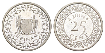 Суринам 25 центов 2004 тираж 4000 экземпляров KM 14a медно-никель BU 4625-347