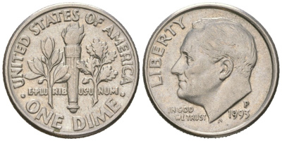 США 10 центов (дайм) 1993 P, президент Рузвельт KM 195a медь плакированная медно-никелем UNC 218-152