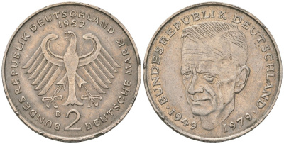 ФРГ 2 марки 1982 D, Курт Шумахер, 30 лет Федеративной Республике KM 149 медно-никель 4572-525