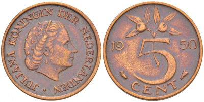 НИДЕРЛАНДЫ 5 ЦЕНТОВ 1950 ЮЛИАНА KM 181 бронза 3718-161