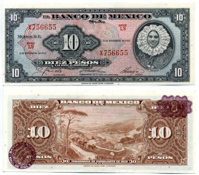Мексика 10 песо 1961 8 ноября 1961, серия LS Pick 58i бумага UNC (пресс) 7148-31-3-2