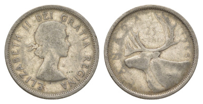 Канада 25 центов 1955 Елизавета II (1952-2022), олень KM 52 серебро 4622-825
