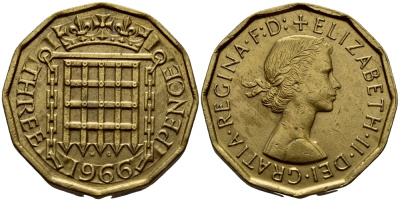 Великобритания 3 пенса 1966 Елизавета II (1952-2022) KM 900, Spink 4153 никель латунь 37-1232