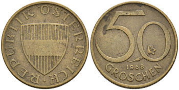 АВСТРИЯ 50 ГРОШЕЙ 1968 КМ 2885 алюминиевая бронза 4573-247