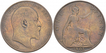 Великобритания 1 пенни 1905 Эдуард VII (1901-1910) KM 794.2, Spink 3990 бронза 215-242
