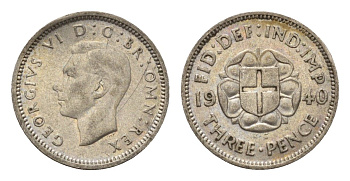 Великобритания 3 пенса 1940 Георг VI (1936-1952) KM 848, Spink 4085 серебро 4644-844