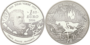 Франция 1 1/2 евро 2006 Жюль Верн, путешествие к центру Земли, в оригинальной коробке KM 2064 серебро  PROOF  3-4-11-19