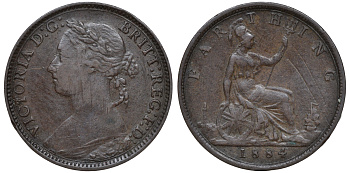 Великобритания 1 фартинг 1884 Виктория (1837-1901) KM 753 Spink 3958 бронза 4609-1026