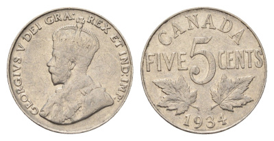 Канада 5 центов 1934 Георг V (1910-1936) KM 29 никель 4679-656