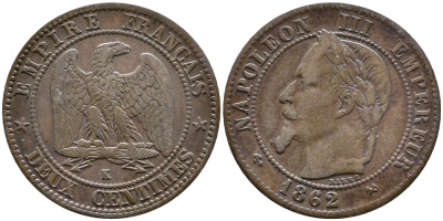 ФРАНЦИЯ 2 САНТИМА 1862 K, НАПОЛЕОН III (1852-1870) KM 796.6 бронза 4392-718