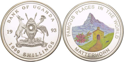 Уганда 1000 шиллингов 1993 гора Маттернхорн (Matterhorn), цветная эмаль, тираж 15000 экз. KM 35 медно-никель PROOF 1085-6-54