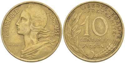 Франция 10 сантимов 1968 тип Marianne KM 929, LE FRANC 144.8 медь алюминий никель 4511-851