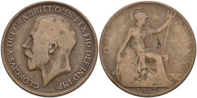 Великобритания 1 пенни 1917 Георг V (1910-1936) KM 810, Spink 4051 бронза 4572-1216