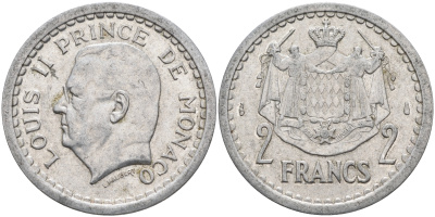 Монако 2 франка 1943 Луи II (1922-1949) KM 121 алюминий    4177-332