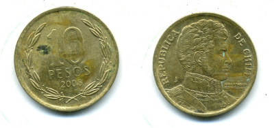 ЧИЛИ 10 ПЕСО 2008 ГЕНЕРАЛ БЕРНАРДО О ХИГГИНС KM 228.2 никель-бронза 37-334