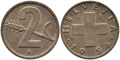 ШВЕЙЦАРИЯ 2 РАППЕНА 1954 В KM 47 бронза 4539-421