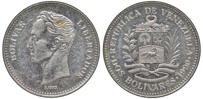 Венесуэла 2 боливара 1990 Y 43a сталь плакированная никелем 4607-222